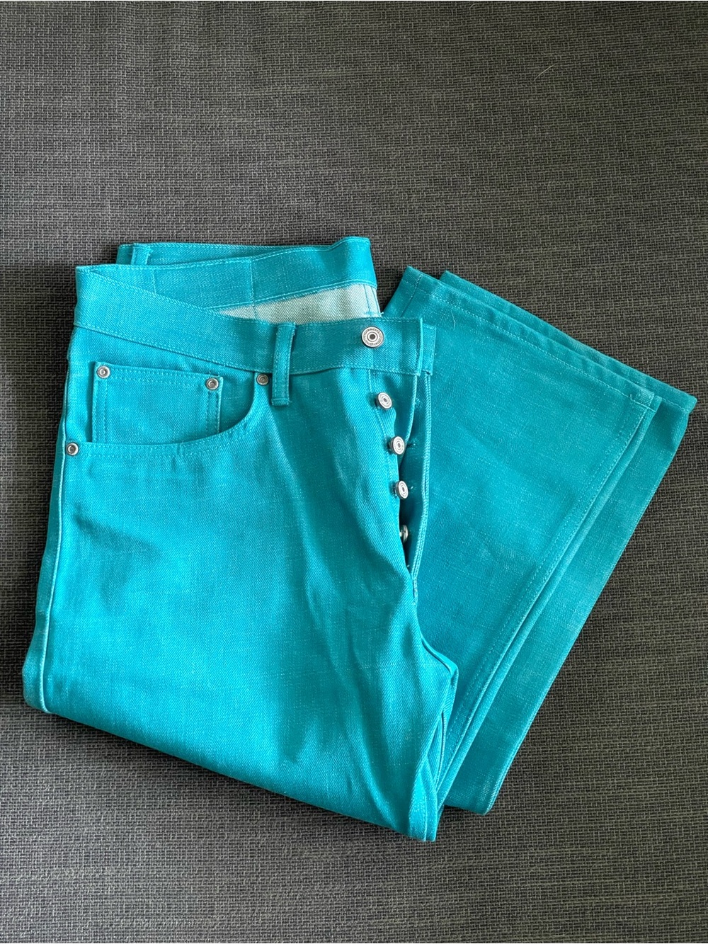 Gustin #577 Mens Selvage Denim Jeans Straight in Bright Teal/Japan Ocean
